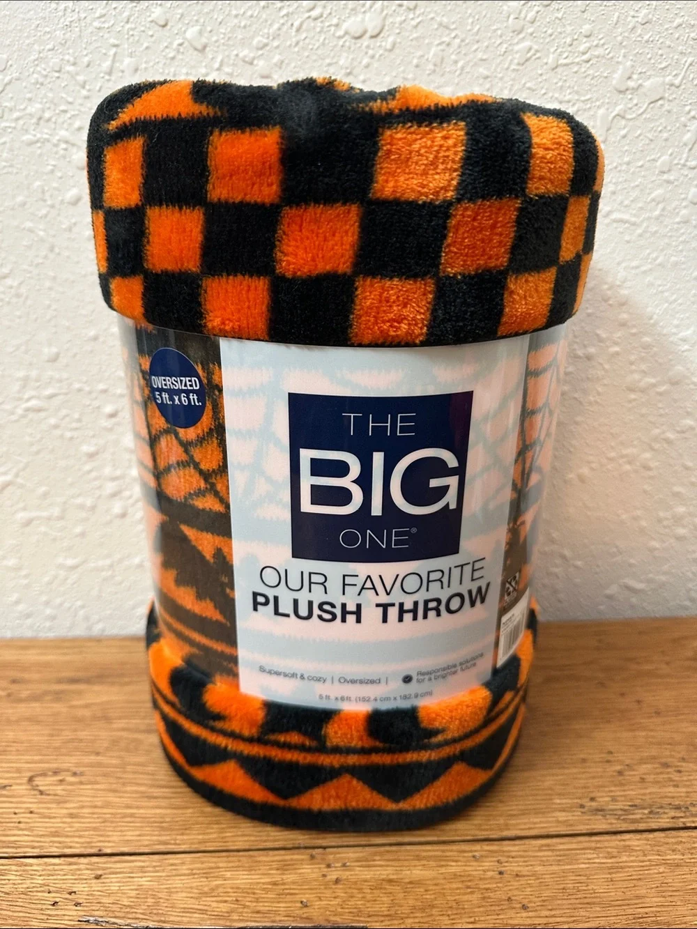 The Big One Orange & Black Checker Plush Throw with bats and cats